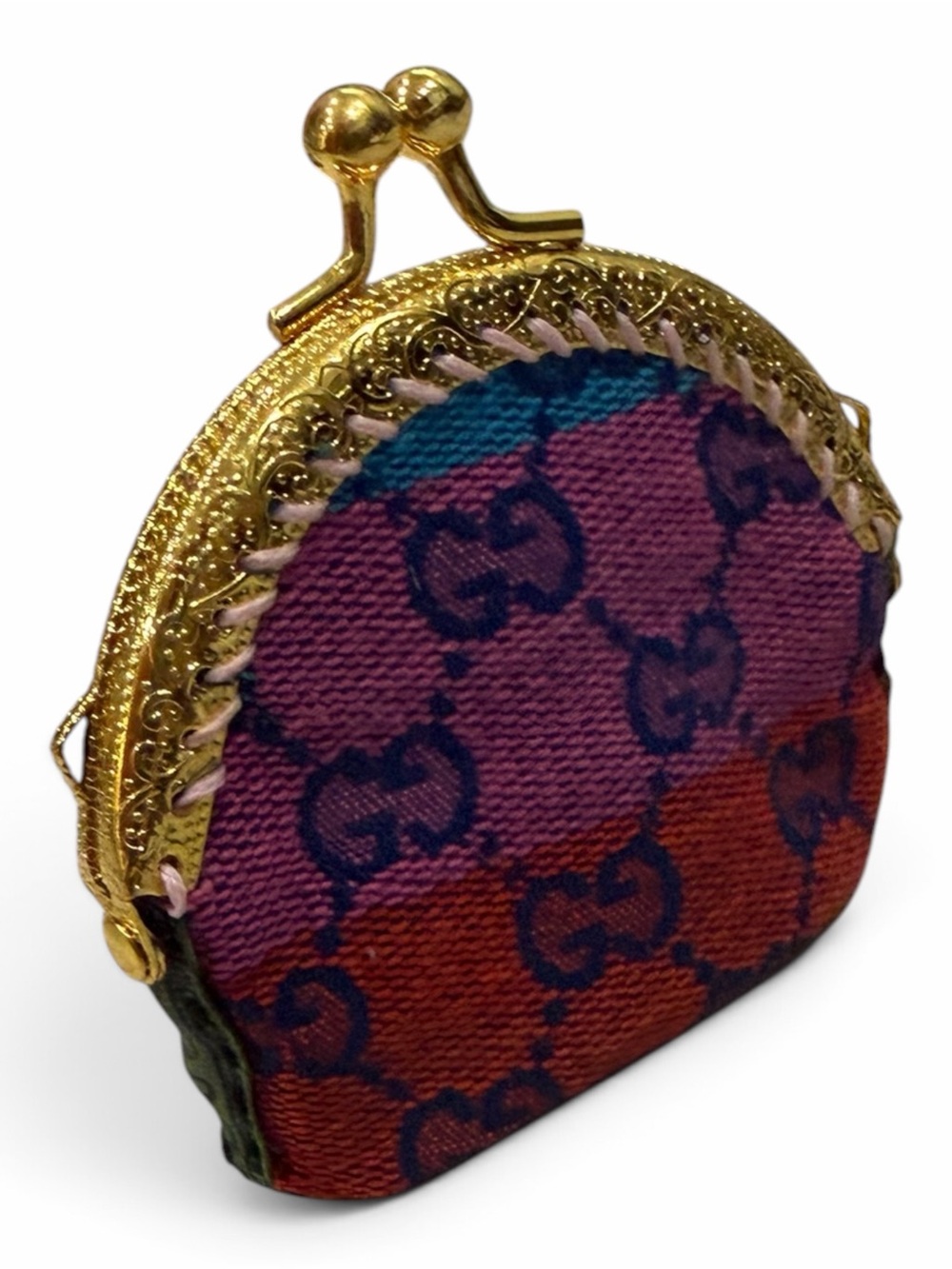 Upcycled Coinpurse /Gucci fabric Multicolor GG Canvas Coin Purse with Gold Frame